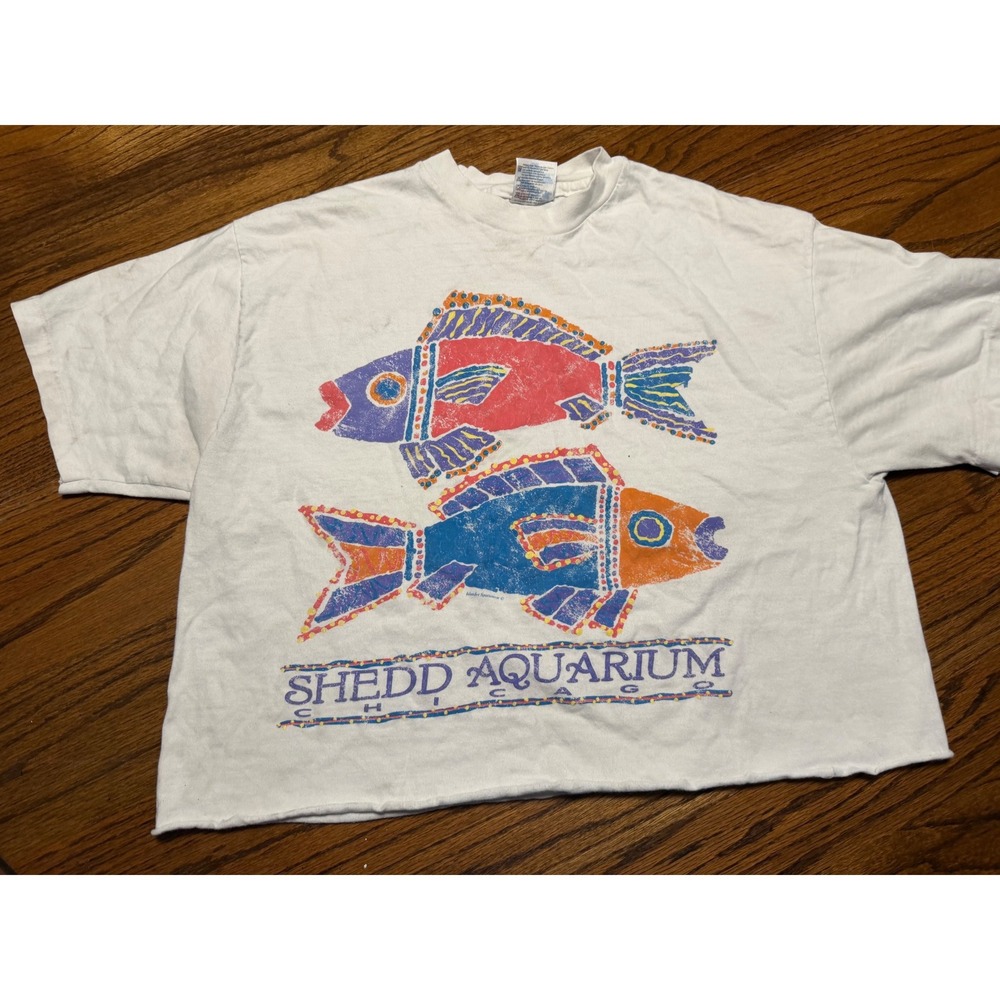 Vintage Shedd Aquarium Chicago Fish T-Shirt Hanes Beefy-T White Cropped Large